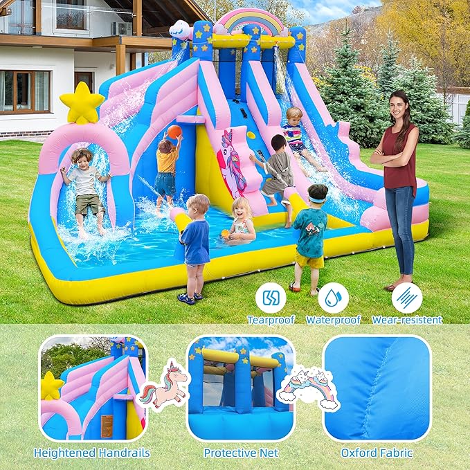 TOAOB Inflatable Water Slide: 6 in 1 Bounce House Water Park for Kids - Climbing Wall Splash Pool 2 Water Cannon 2 Slide Basketball Rim - 550W Blower - for Outdoor Backyard Birthday Party