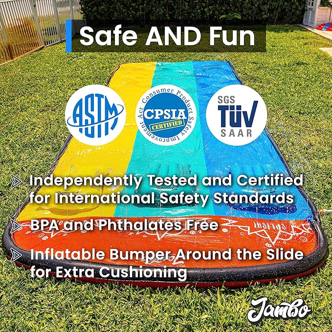 JAMBO XL 20Ft Premium 3 Lane Slip Splash and Slide with 3 Bodyboards, Heavy Duty Water Slide- Advanced 3-Way Water Sprinkler System, Backyard Waterslide Outdoor Water Toys n Slides for Kids Splash Pad
