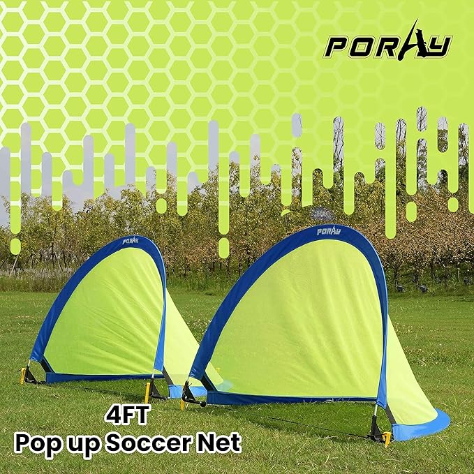 Poray Soccer Goal for Kid Easy-up Set of Two Portable Soccer Net 210D Oxford with 8 Field Marker Cones Extra Stakes Fun for Backyard and Soccer Training