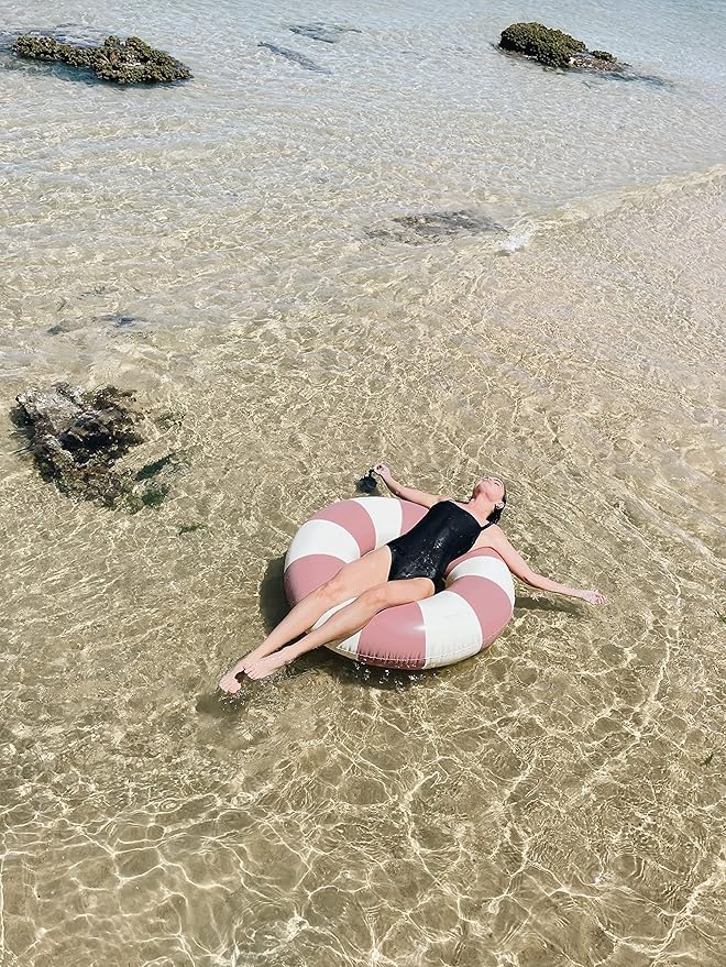 Petites-Pommes Beach Floats for Adults - Durable Inner Tube, Handprinted Classic Striped Design Swimming Tubes, Soft Comfort Seaming, Packable Floats for Travel, Vintage Pink, 47 inch