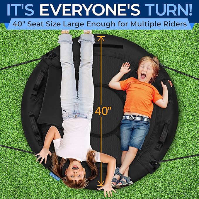 SereneLife 40" Saucer Swing - Outdoor Swing Set with Universal Hanging Kit, Swinging Seat Spinner with Pillow & Carry Bag, Weatherproof, Water-Resistant, Supports Up to 700 lbs, Black