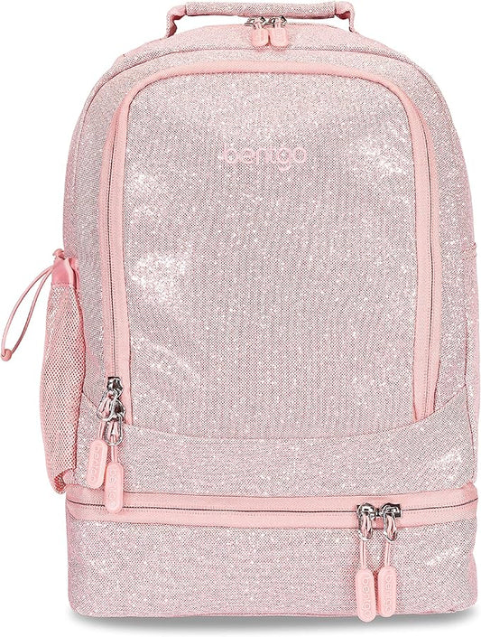 Bentgo Kids 2-in-1 Backpack & Insulated Lunch Bag - Glitter Designed 16” Backpack for School & Travel - Durable, Water Resistant, Padded, & Large Compartments (Glitter Edition - Petal Pink)
