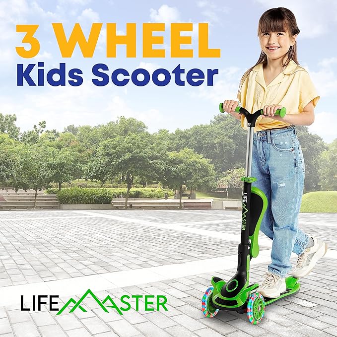 Kids Scooter – Foldable Seat – LED Wheel Lights Illuminate When Rolling – Children and Toddler 3 Wheel Kick Scooter – Adjustable Handlebar – Indoor and Outdoor- by Lifemaster