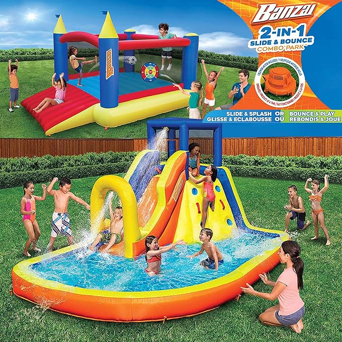 BANZAI Inflatable 13' Water Slide Park Plus 12' Bounce House 2 for 1 Value Pack w Free Air Blower- Inflates in Under 2min- Heavy Duty Kids Adventure Park Pool with Sprinkler 12’x9 XL Bouncy Castle