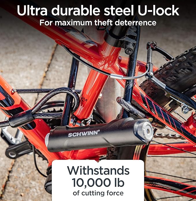 Schwinn Bike Max U-Lock with Double Crimped Cable, 2 Keys Included, 4 feet x 10mm Anti Theft Bicycle Lock, Security Level 5