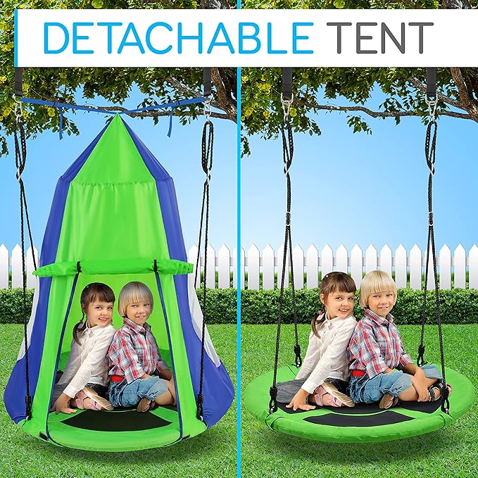 SereneLife 40" Kids Hanging Tent Swing, Outdoor Saucer Swing with Rope Straps (Green), Large