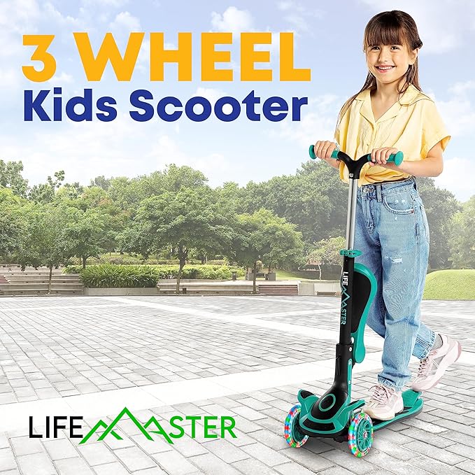 Kids Scooter – Foldable Seat – LED Wheel Lights Illuminate When Rolling – Children and Toddler 3 Wheel Kick Scooter – Adjustable Handlebar – Indoor and Outdoor- by Lifemaster