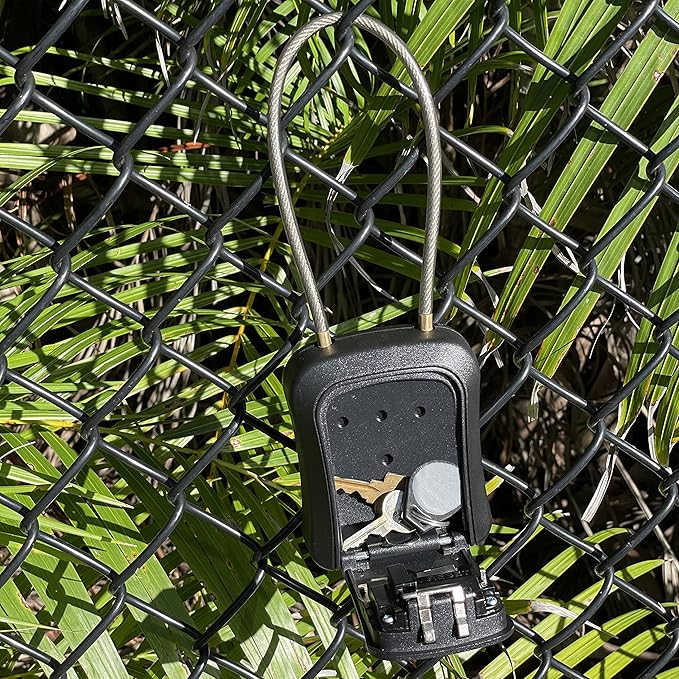 Iron Lock® Portable Key Lock Box and Wall Mount with Removable Cable Shackle Outdoor Waterproof 4 Digit Combination with Resettable Code with A B Switch Key Lockbox for Outside (Medium, Black)