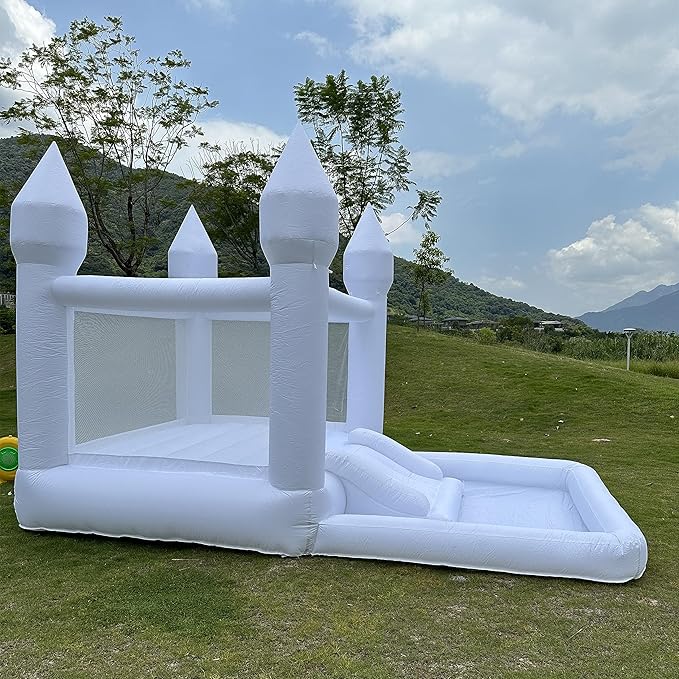 Portable White Bounce House with Slide and Ball Pit Multifunctional Inflatable Bouncer for Kids(13 * 8 * 8ft Oxford Cloth，with Air Blower