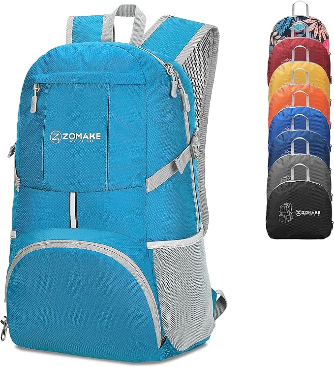 ZOMAKE Lightweight Packable Backpack 35L, Light Foldable Backpacks Water Resistant Collapsible Hiking Bag, Compact Folding Day Pack for Travel Camping(Light Blue)