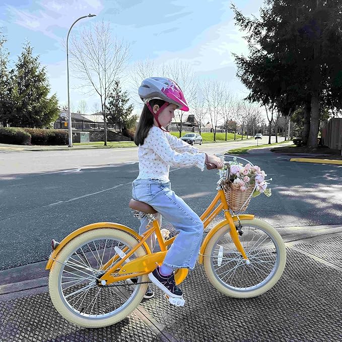 Glerc Little Molly 12-20 Inch Kids Retro Cruiser Bike for 2-13 Year Old with Wicker Basket & Training Wheels/Kickstand, Multiple Colors