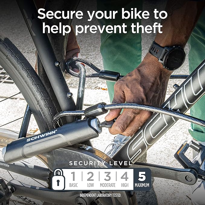 Schwinn Bike Max U-Lock with Double Crimped Cable, 2 Keys Included, 4 feet x 10mm Anti Theft Bicycle Lock, Security Level 5