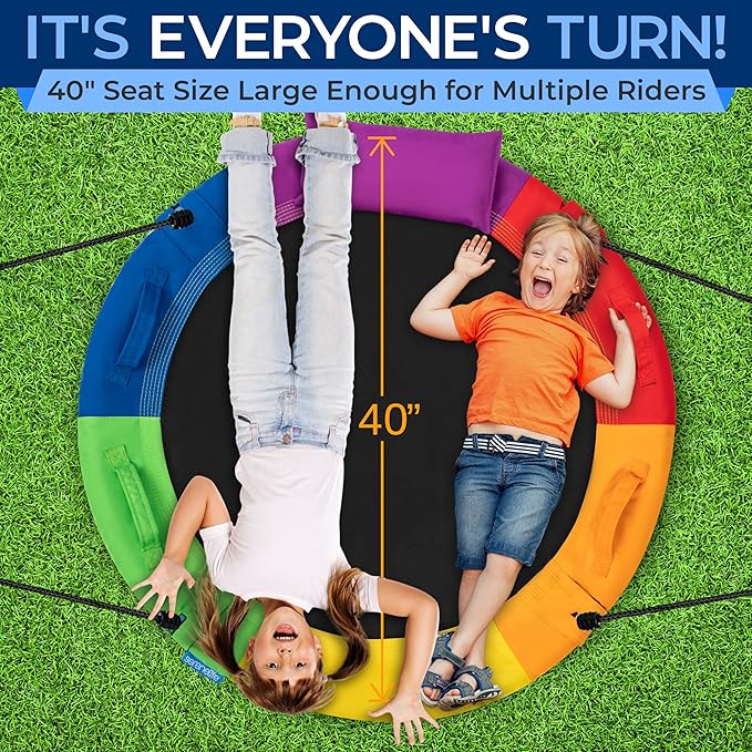 SereneLife 40" Saucer Swing - Outdoor Swing Set with Universal Hanging Kit, Swinging Seat Spinner with Pillow & Carry Bag, Weatherproof, Water-Resistant, Supports Up to 700 lbs, Rainbow