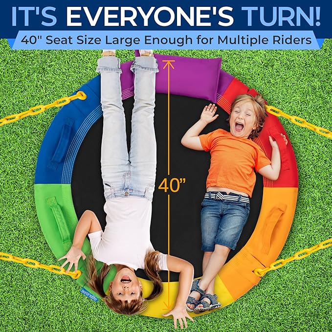 SereneLife 40" Saucer Swing - Outdoor Swing Set with Heavy-Duty Chains & Hanging Kit, Swinging Seat Spinner with Pillow & Carry Bag, Weatherproof, Water-Resistant, Supports Up to 700 lbs, Rainbow