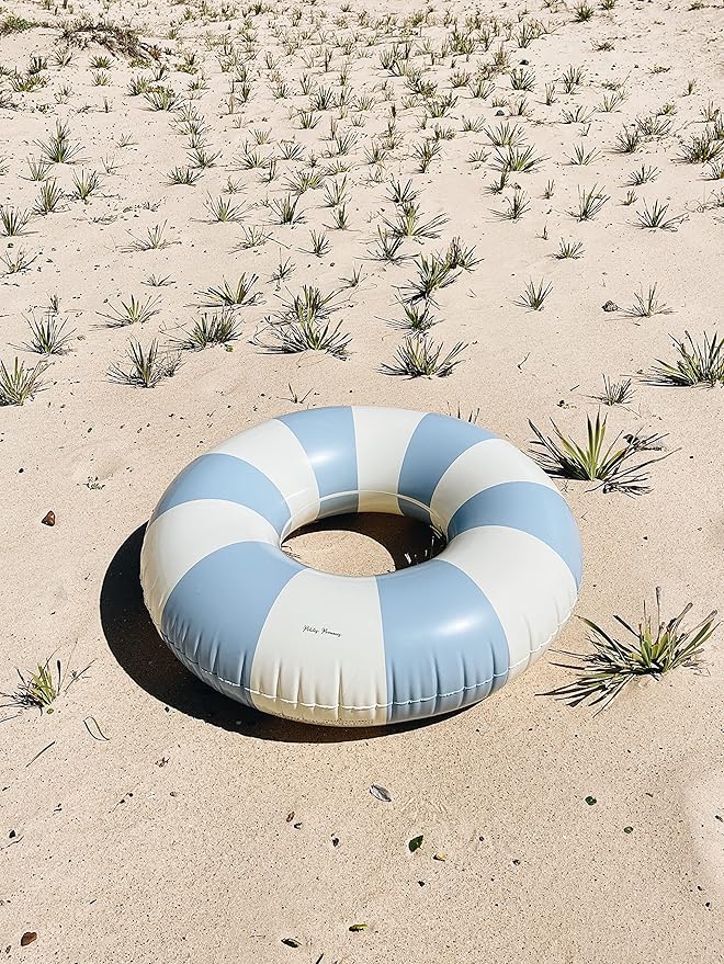 Petites-Pommes Lake Floats for Kids - Durable Inner Tube, Handprinted Classic Striped Design Pool Float Rings, Soft Comfort Seaming, Packable Floats for Travel, Light Blue, 35 inch