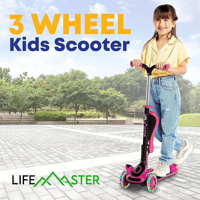 Kids Scooter – Foldable Seat – LED Wheel Lights Illuminate When Rolling – Children and Toddler 3 Wheel Kick Scooter – Adjustable Handlebar – Indoor and Outdoor- by Lifemaster