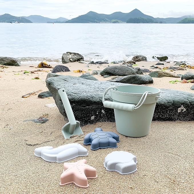 BLUE GINKGO Silicone Beach Toys - Modern Baby | Travel Friendly Set Bucket, Shovel, 4 Sand Molds, Bag for Toddlers, Kids Green