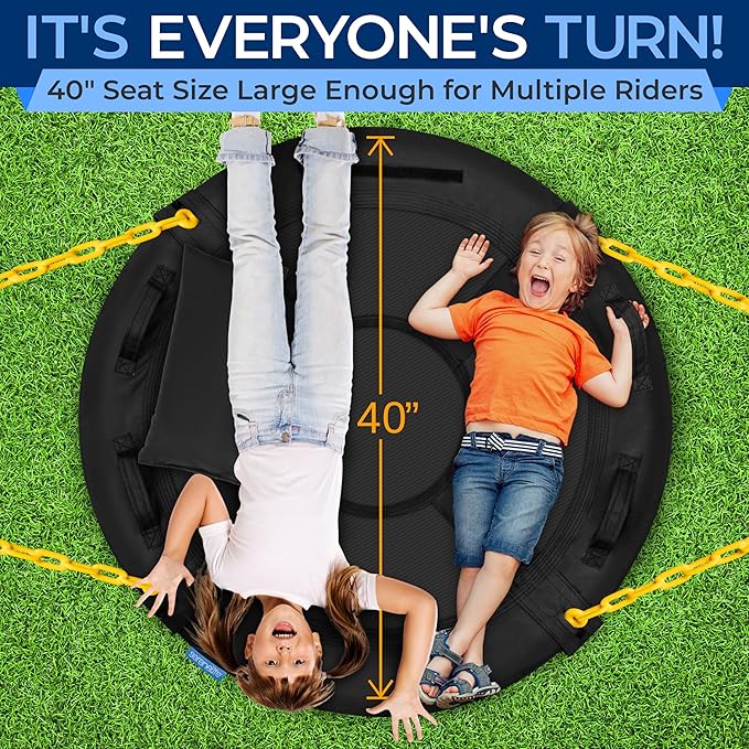 SereneLife 40" Saucer Swing - Outdoor Swing Set with Heavy-Duty Chains & Hanging Kit, Swinging Seat Spinner with Pillow & Carry Bag, Weatherproof, Water-Resistant, Supports Up to 700 lbs, Black