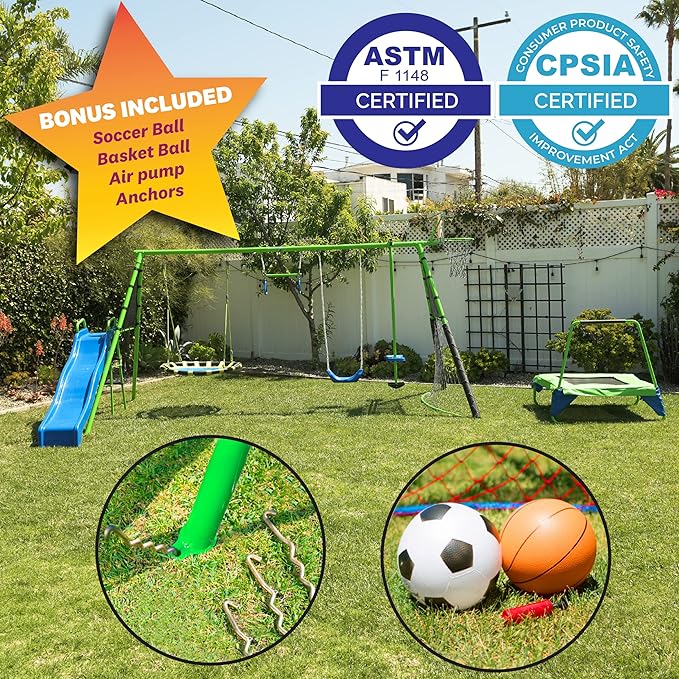 Sports Outdoor 8 Station Playground Set, Includes Swing Set, Slide, Monkey Bars, Basketball Hoop, Trampoline, Soccer and Basketball + Pump, Green