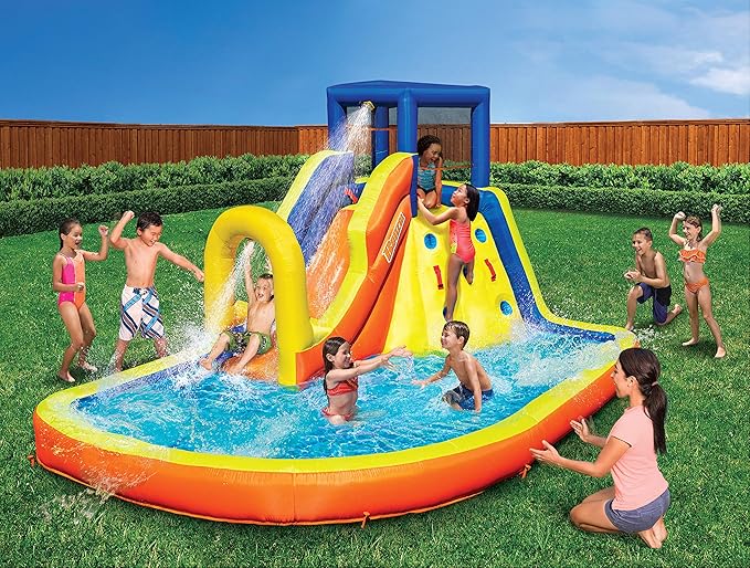 BANZAI Inflatable 13' Water Slide Park Plus 12' Bounce House 2 for 1 Value Pack w Free Air Blower- Inflates in Under 2min- Heavy Duty Kids Adventure Park Pool with Sprinkler 12’x9 XL Bouncy Castle