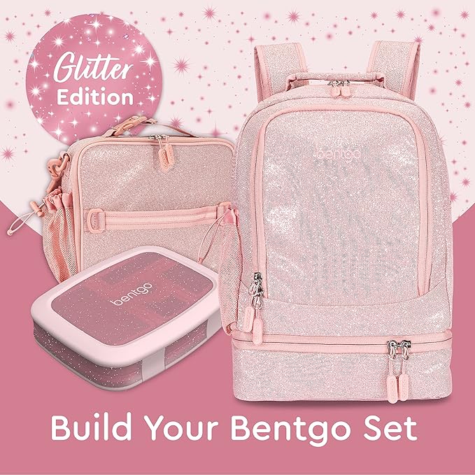 Bentgo Kids 2-in-1 Backpack & Insulated Lunch Bag - Glitter Designed 16” Backpack for School & Travel - Durable, Water Resistant, Padded, & Large Compartments (Glitter Edition - Petal Pink)