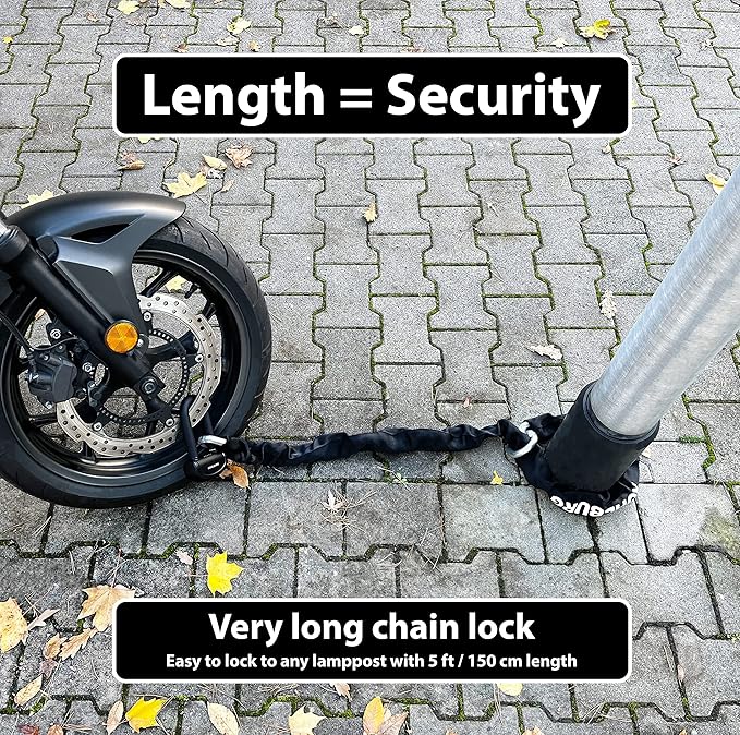 13 lbs Massive Motorcycle Security Chain Lock - 5 ft Long with Our Highest German Security Level 10plus of 10 - Heavy Duty Steel Chain 0.5" - Anti Theft Lock for Motorcycle Scooter & Ebike
