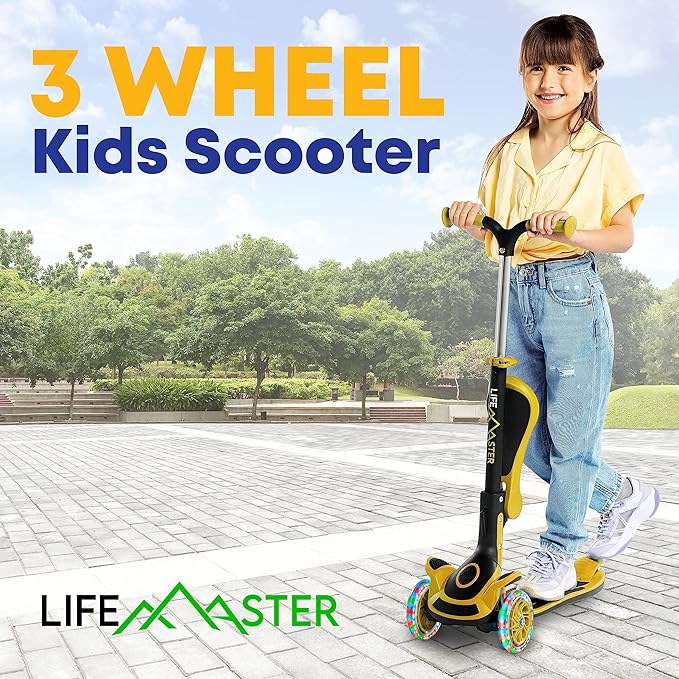 Kids Scooter – Foldable Seat – LED Wheel Lights Illuminate When Rolling – Children and Toddler 3 Wheel Kick Scooter – Adjustable Handlebar – Indoor and Outdoor- by Lifemaster