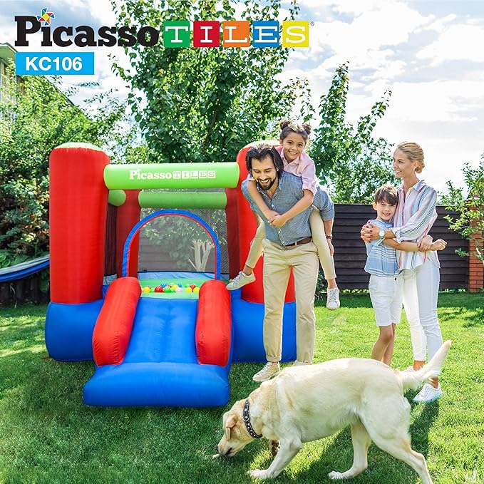 PicassoTiles KC106 8x7 Foot Junior Inflatable Bouncer, Kid Park, Jumping Bouncing House, Jump Slide Playhouse w/ 50 Pit Balls, 3 Sides Mesh Protection, and Heavy-Duty GFCI ETL Certified 385W Blower