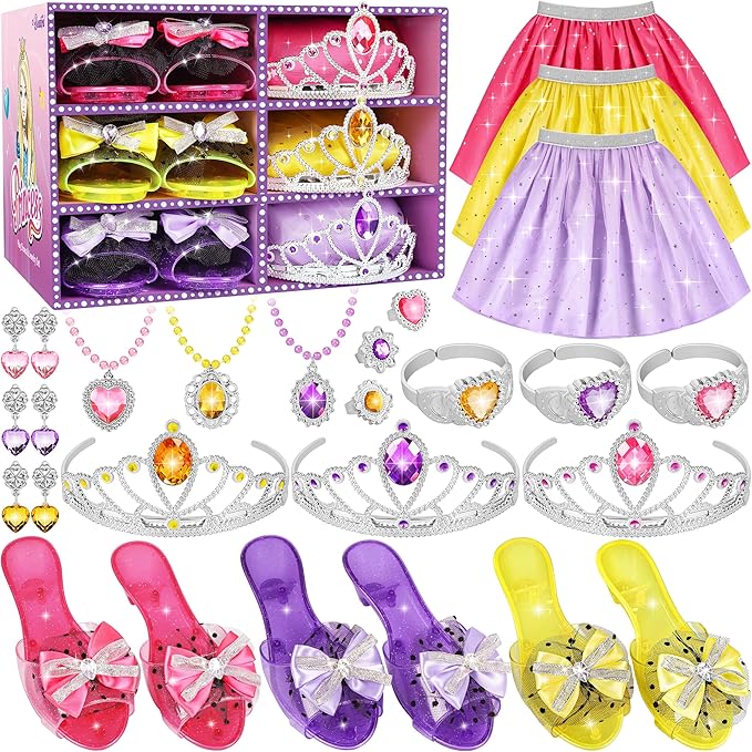 Princess Dress Up Toys & Jewelry Boutique - Costumes Set incl Skirts, Shoes, Crowns, Accessories - Ideal Girls Role Play Gift for 3 4 5 6 Year Toddler Birthday Parties Party Favors