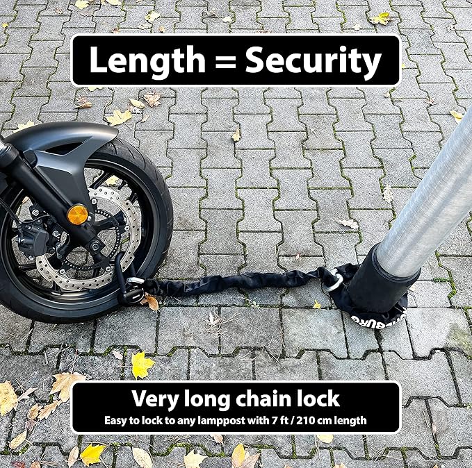 18 lbs Massive Motorcycle Security Chain Lock - 7 ft Long with Our Highest German Security Level 10plus of 10 - Heavy Duty Steel Chain 0.5" as Anti Theft Lock for Motorcycle, Scooter & Ebike